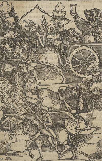O homem bêbado em uma carruagem a caminho do inferno, de Hymmelwagen sobre quem vive ....., 1517. de Hans Schäufelein the Elder