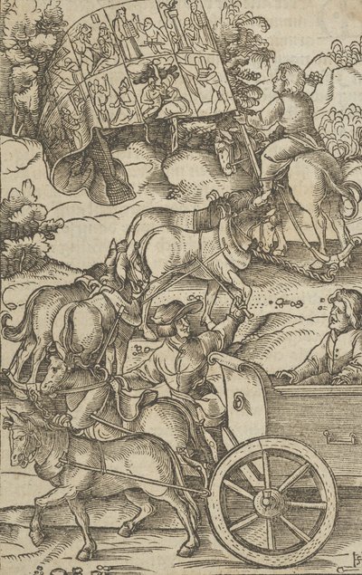 O homem virtuoso em uma carruagem a caminho do céu, de Hymmelwagen auff dem, wer wol leb..., 1517. de Hans Schäufelein the Elder