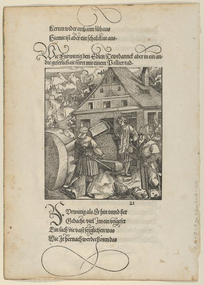 Instado por Fürwittig, Theuerdanck tenta manipular uma pedra de polimento, de Theuerdanck,..., 1517. de Hans Schäufelein the Elder