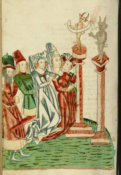 Um grupo de homens e mulheres adoram dois ídolos, 1469 (tinta, lavagens e têmpera sobre papel) de Hans Schilling
