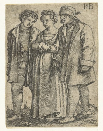 Casal de noivos e pai da noiva
Procissão para casamento de camponeses (título da série) de Hans Sebald Beham