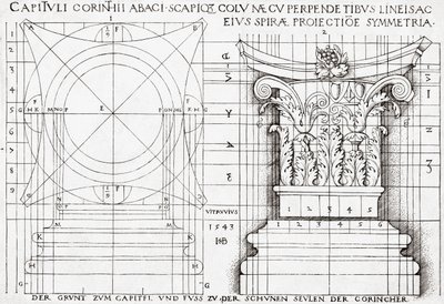 Corte transversal da capital coríntia e desenho proporcional de Hans Sebald Beham