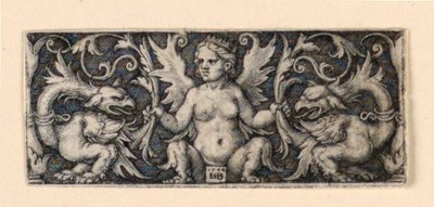 Friso com figura feminina alada e dois galos grotescos de Hans Sebald Beham