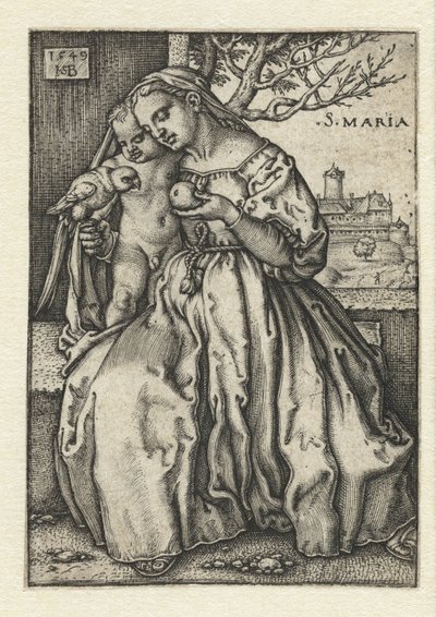 Maria com criança e papagaio e pêra de Hans Sebald Beham
