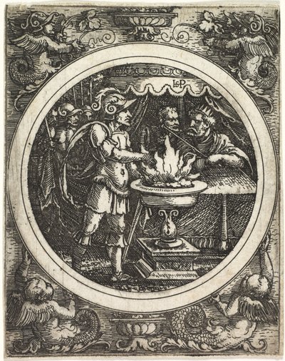 Mucius Scaevola segurando sua mão no fogo de Hans Sebald Beham