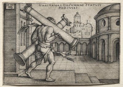 Os trabalhos de Hércules: Hércules carregando as colunas de Gades, 1545. de Hans Sebald Beham