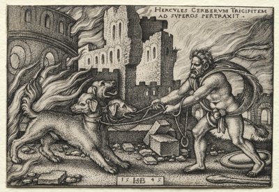 Os trabalhos de Hércules: Hércules arrastando Cerberus do submundo de Hans Sebald Beham