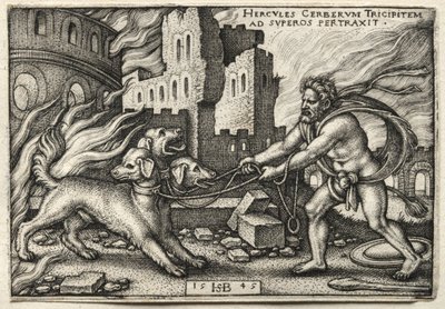 Os Trabalhos de Hércules: Hércules Arrastando Cerberus do Submundo, 1545. de Hans Sebald Beham