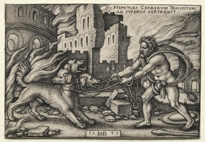 Os Trabalhos de Hércules: Hércules Arrastando Cerberus do Submundo, 1545. de Hans Sebald Beham