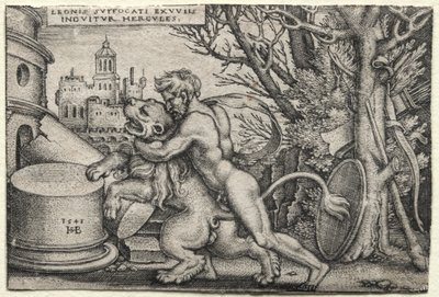 Os trabalhos de Hércules: Hércules estrangulando o leão da Nemeia de Hans Sebald Beham