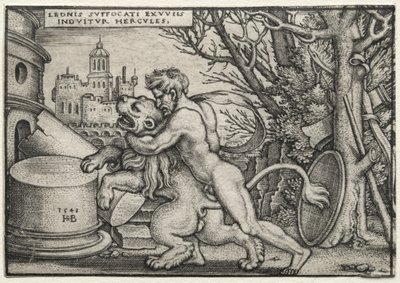 Os trabalhos de Hércules: Hércules estrangulando o leão da Nemeia de Hans Sebald Beham