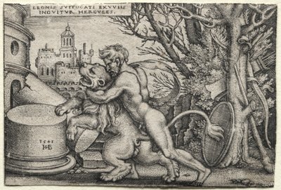 Os Trabalhos de Hércules: Hércules Estrangulando o Leão Nêmeo, 1548. de Hans Sebald Beham
