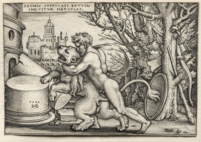 Os Trabalhos de Hércules: Hércules Estrangulando o Leão Nêmeo, 1548. de Hans Sebald Beham
