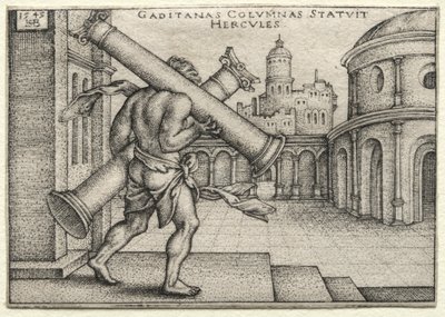 Os trabalhos de Hércules: Hércules e as colunas de Gades, 1545. de Hans Sebald Beham
