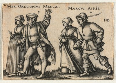 O casamento camponês ou os doze meses: 3-Her Gregorius Mercz 4-Marcus April, 1546. de Hans Sebald Beham