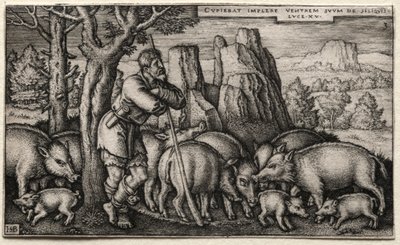 O Filho Pródigo: Cuidando dos Suínos. de Hans Sebald Beham