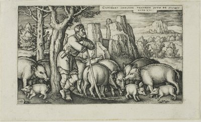 O Filho Pródigo com o Porco, prato três da História do Filho Pródigo de Hans Sebald Beham