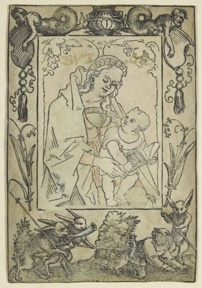 A Virgem e o Menino cercado por uma Fronteira com um Caçador e alguns Coelhos (xilogravura, sobrecarregada em aquarela, impressa em pergaminho) de Hans Sebald Beham