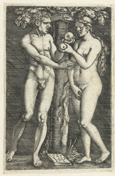 A tentação de Adão e Eva no paraíso de Hans Sebald Beham