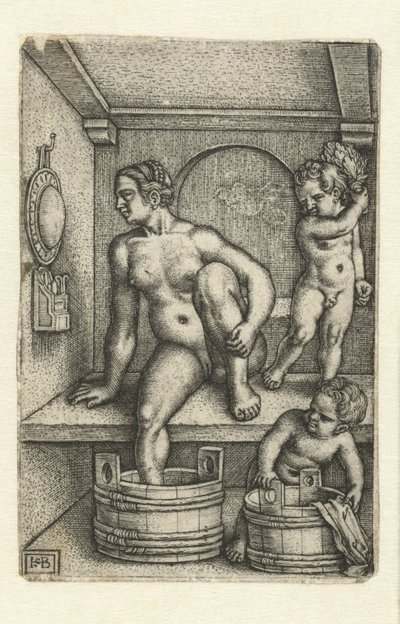 Mulher com dois filhos na casa de banho de Hans Sebald Beham