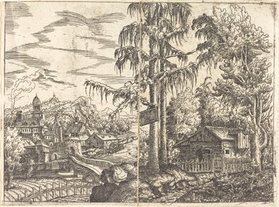 Paisagem com vista de uma casa de campo e uma cidade perto de um rio, 1551. de Hans Sebald Lautensack
