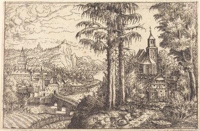 Vista de uma cidade perto de um rio com uma igreja à direita, 1553. de Hans Sebald Lautensack