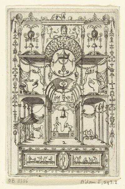 Driebeukig open bouwwerk com twee etages op een pedestal James Androuetius Du Cerceau, o inventor, escreveu há poucos anos (...) (título da série) de Hans Sibmacher