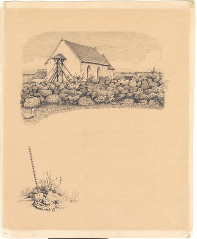 Ilustração para S. St. Arquibancadas: "Mowns". F.o.: igreja atrás de pedras; f.n.: túmulo (?) com pá de Hans Smidth