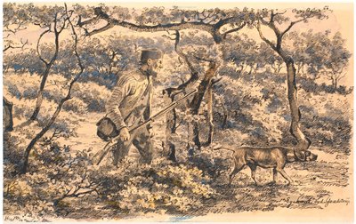 Caçador com cachorro na floresta de Hans Smidth