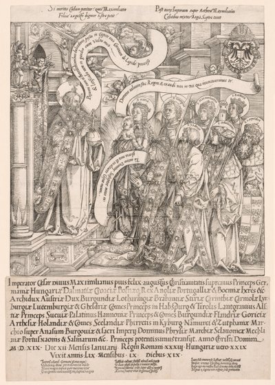 Maximiliano Apresentado por Seus Santos Padroeiros ao Todo-Poderoso, 1519. de Hans Springinklee