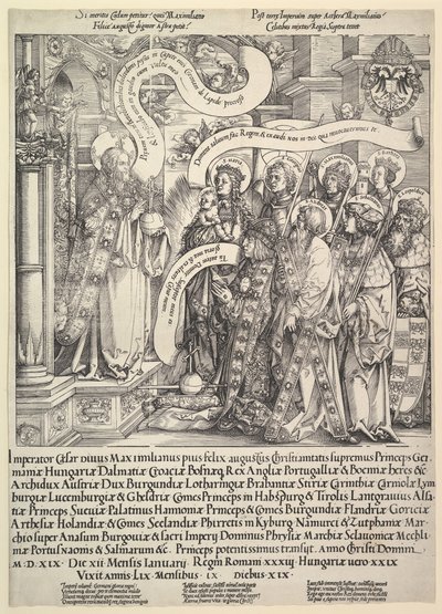 Maximiliano Apresentado por seus santos padroeiros ao Todo-Poderoso, 1519. de Hans Springinklee
