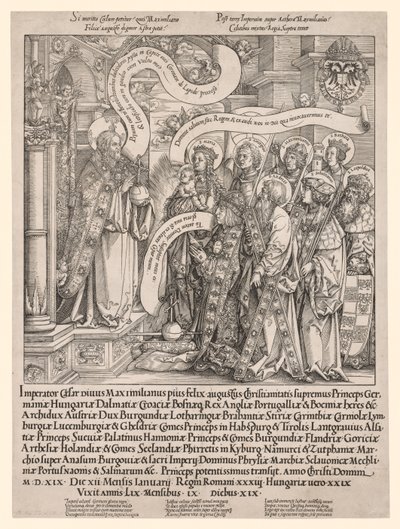 O Imperador Maximiliano Apresentado por Seus Santos Padroeiros ao Todo-Poderoso de Hans Springinklee