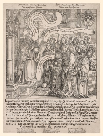 O Imperador Maximiliano Apresentado por Seus Santos Padroeiros ao Todo-Poderoso, 1519. de Hans Springinklee