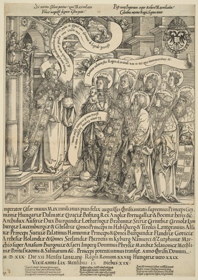 O Imperador Maximiliano Apresentado a Cristo por Seus Santos Padroeiros de Hans Springinklee