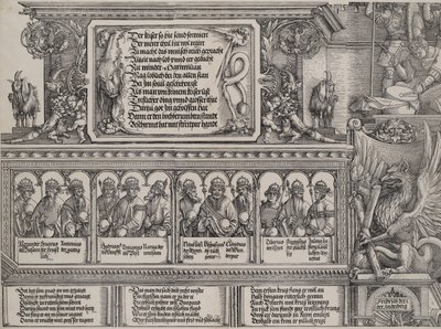 A Parte Superior do Portal Esquerdo, com a Inscrição em Pele de Leão, Friso com B..., 1515. de Hans Springinklee