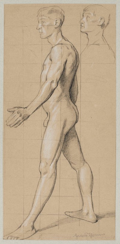 Imagem de um homem a caminhar, visto de perfil; no canto superior direito, uma repetição da sua cabeça de Hans Thoma