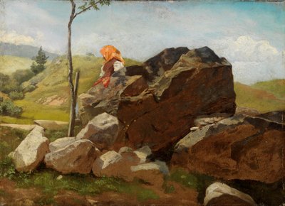 Blocos de rocha com uma rapariga do campo sentada de Hans Thoma