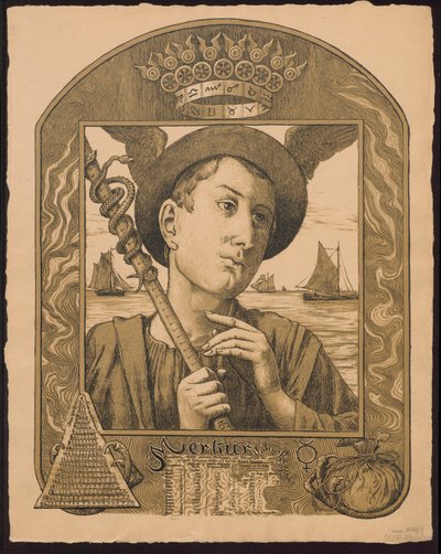 «Merkur Jahrers Regent». Mercúrio como soberano do ano. Esboços para o «Calendário Perpétuo em Imagens», parte II, 1901 (Immerwährender Bilderkalender) de Hans Thoma