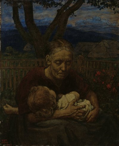 Mãe e filho em um jardim de Hans Thoma