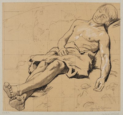 Pastor seminu com tanga de couro, a dormir num prado de Hans Thoma