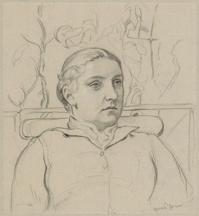 Retrato da esposa do artista, em forma de busto, sentada num banco com um cenário verde ao fundo de Hans Thoma