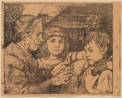 Uma senhora idosa a contar contos a duas crianças, tendo como pano de fundo uma casa da Floresta Negra de Hans Thoma