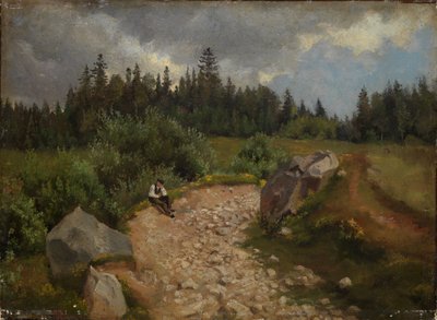 Caminho pedregoso na orla da floresta com um homem sentado de Hans Thoma