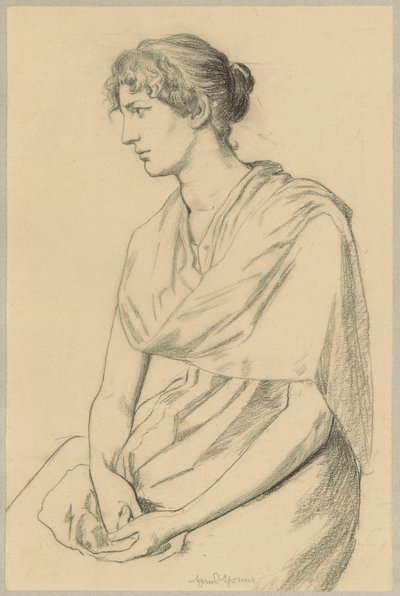Estudo de uma mulher sentada com um traje que imita o estilo antigo de Hans Thoma