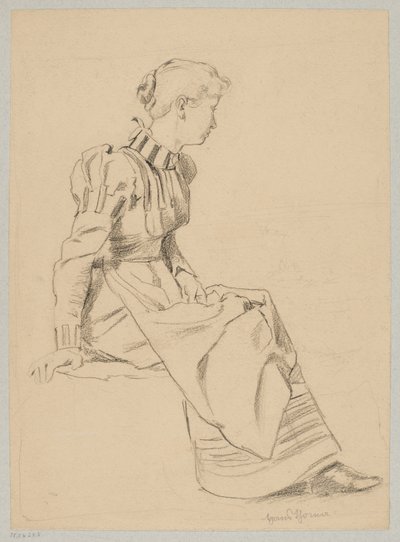 Estudo de uma jovem sentada com um vestido comprido de Hans Thoma