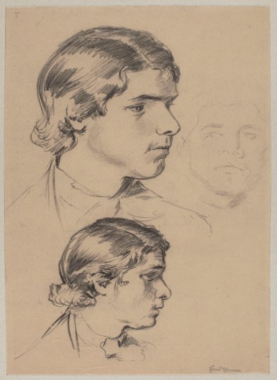 Três estudos da cabeça de um jovem homem de Hans Thoma