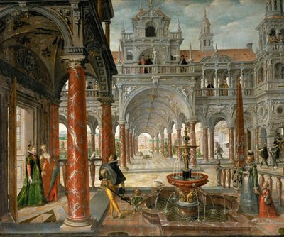 Un palais avec des visiteurs distingue - Palácio com visitantes distintos - Hans Vredeman de Vries (Jan de Vriese ou Friedman de Frise) (1526-1606). Óleo sobre tela, c. 1596. Dimensão : 137x164 cm. Museu de História de Arte, Vienne de Hans Vredeman de Vries