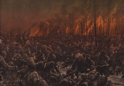 Um ataque noturno às posições britânicas no Yser (lito colorido) de Hans W. (after) Schmidt