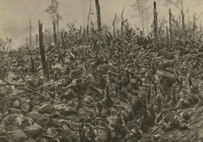 Ataque alemão a fortificações e trincheiras francesas no Bois-le-Pretre após o bombardeio de artilharia de 5 de julho de 1915 (lito) de Hans W. (after) Schmidt