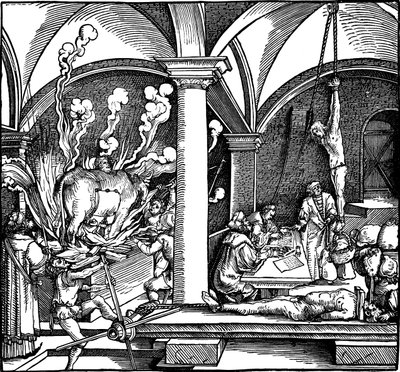 Tortura. Ilustração do livro Phisicke Against Fortune de Petrarch, 1532 de Hans Weiditz the Younger